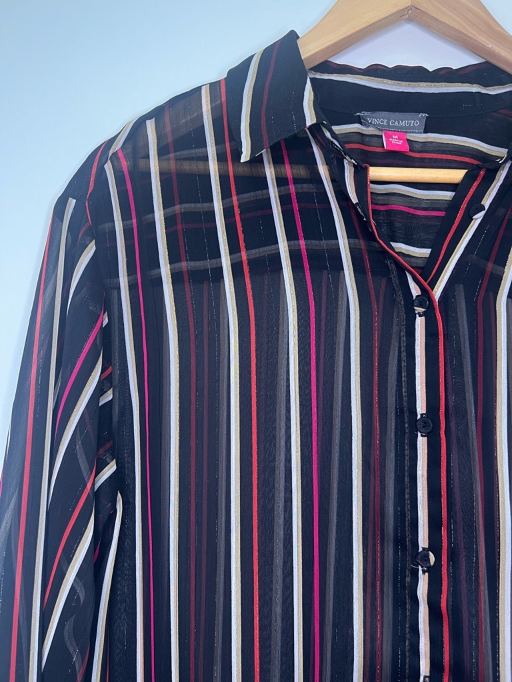 Vince Camuto Sheer Striped Blouse Size M Black Pink Gold Button Front Top - Picture 4 of 8